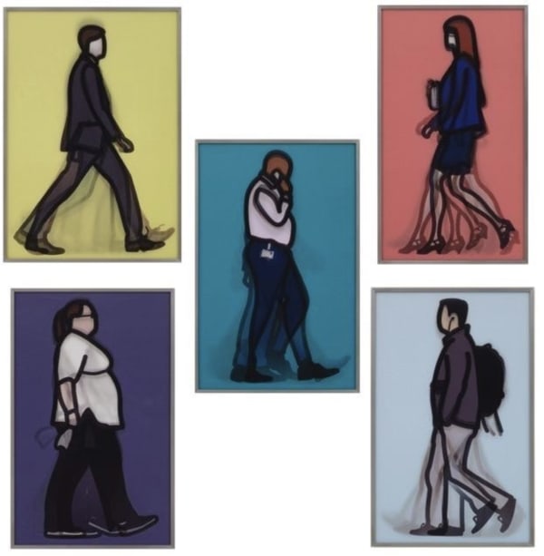 Julian Opie, Walking in London 1 (Banker, Detective, Lawyer, Nurse, and Student), 2013
