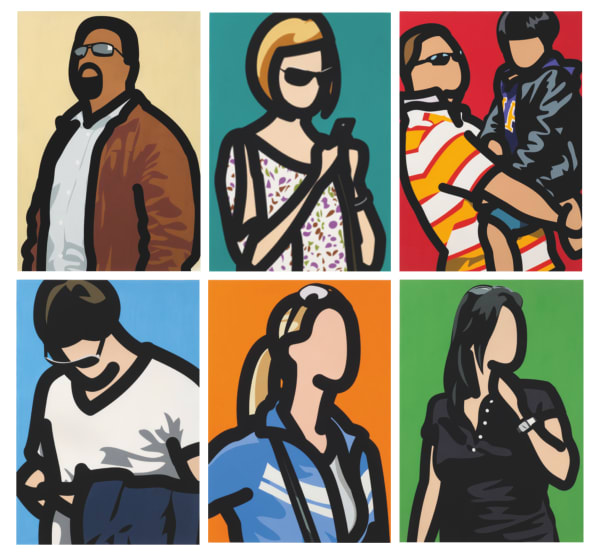 Julian Opie, Tourists (with beard, with blouse, with child, with phone, with ponytail, with watch), 2014