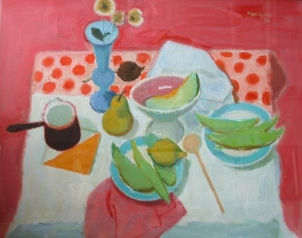 Alberto Morrocco, Still Life with Spotted Cloth and Green Melon, 1990