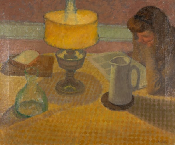 Girl Reading Under Lamp