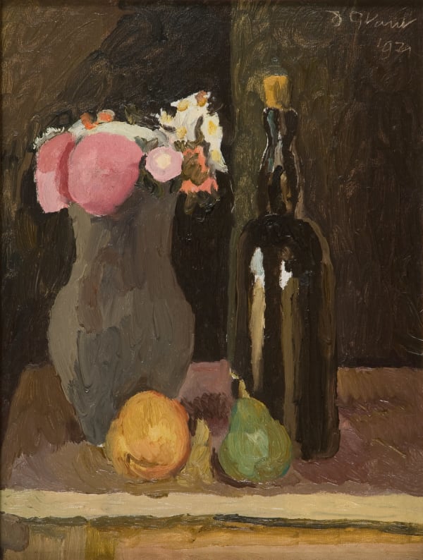 Duncan Grant, Still life of flowers with bottle and fruit, 1929