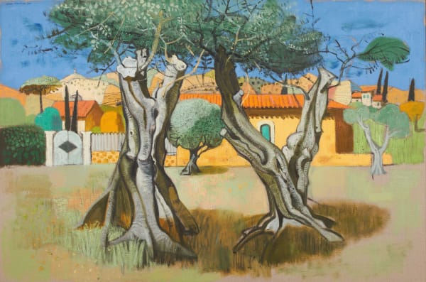 Two Old Olive Trees against a Yellow House, Roquefort-les-pins, 2021 by artist Leon Morrocco