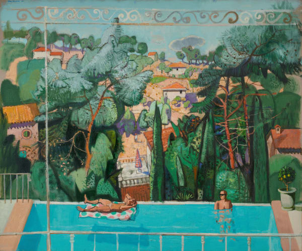 The painting 'The Pool from the Balcony, Roquefort-les-Pins' painted in 2021 by artist Leon Morrocco