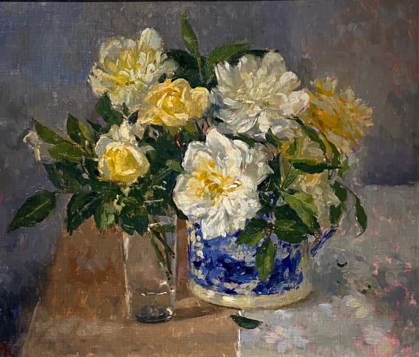 Pamela Kay NEAC, RCA, RBA, RWS - A glass and mug of Rose Alberic Barbier