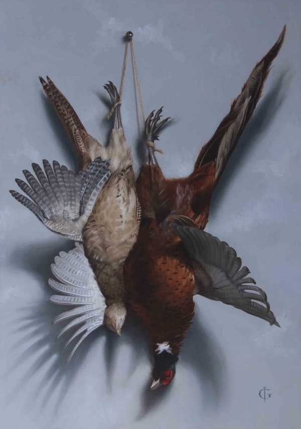 James Gillick Brace of Pheasants Concord, 2021 Oils on linen over panel 40.5 x 28.38ins (102.3 x 72cm) (artwork size) 42.13 x 36.38cm ( 122.2 x 92.5cm) (artwork size) Reprise available on request: £ 23,000 Signed with ''JG' monogram lower right