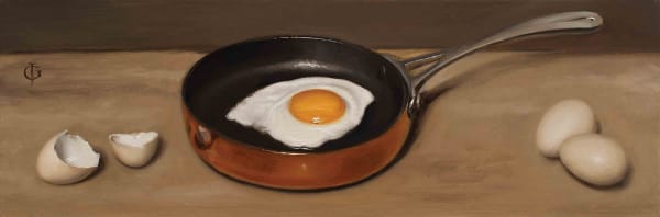 James Gillick Bantam Eggs & Frying Pan Oils on linen over panel 5.91 x 17.2ins (15 x 43.7cm) (artwork size) 12 x 23.23ins (30.5 x 59cm) (framed size) Reprise available on request: £7,600
