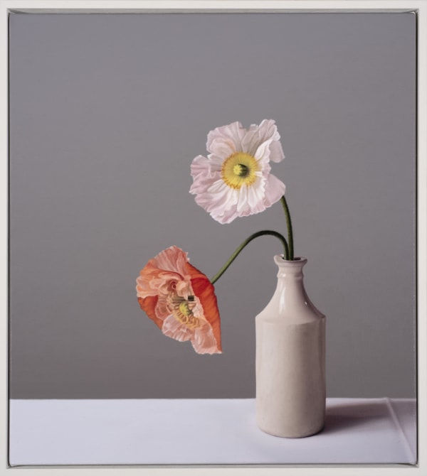 Jo Barrett Still Life with Iceland Poppies and Stoneware Bottle - From the Fern Verrow Collection , 2021 Oil on canvas 23.62 x 21.26ins (60 x 54cm) (artwork size) 25 x 22.44ins (63.5 x 57cm) (framed size) Signed and dated on reverse