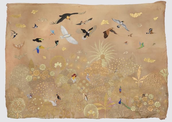Ayesha Gamiet Valley of Love, 2021 Moon gold, 18, 22, and 23 carat shell gold, gouache, watercolour, and ink on Indian hemp paper sized and stained with avocado skin. 22.83 x 31.49ins (58 x 80cm) (artwork size) Signed 'Ayesha Gamiet' and dated 'September 2021' on the reverse