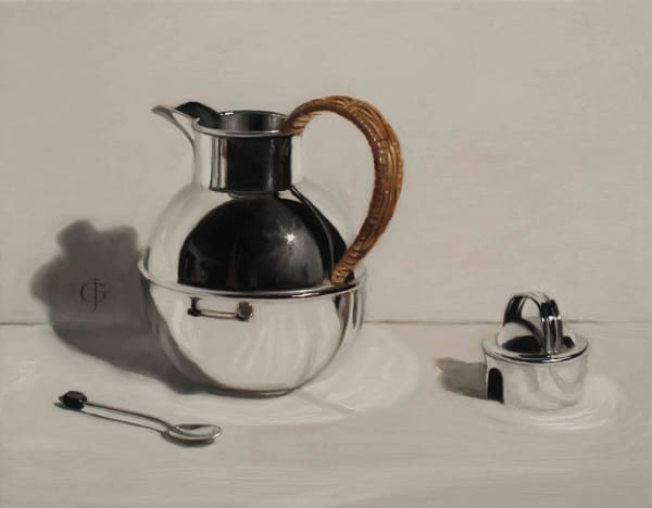 James Gillick Deco Silver Coffee Pot & Spoon Oils on linen over panel 9.45 x 13.19ins (24 x 33.5cm) (artwork size) 14.49 x 17.13ins (36.8 x 43.5cm) (framed size) Reprise available on request: £6,800
