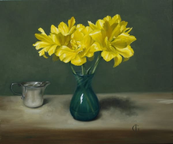 James Gillick, Yellow Tulips in a Turquoise Vase