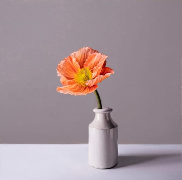 Jo Barrett Still Life with Orange Icelandic Poppy and Stoneware Bottle Signed JB20/22 Oil on canvas 11.81 x 11.81ins (30 x 30cm) (artwork size) 12.87 x 12.87ins (32.7 x 32.7cm) (framed size)