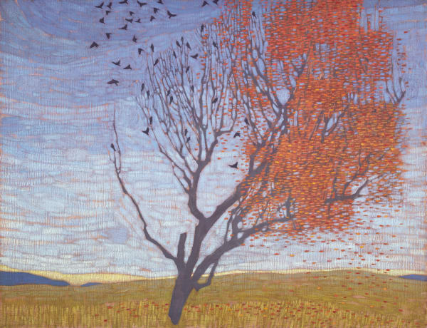 David Grossmann, Taking Flight, Black Birds and Orange Leaves, 2022