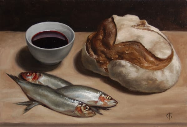 James Gillick, Bowl of Red Wine, Bread, & Three Herring, 2005