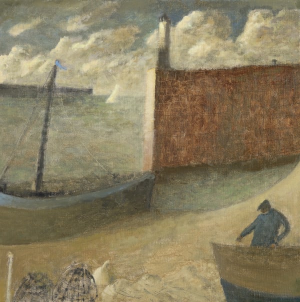 Nicholas Turner Fisherman and Creels Oil on linen 15.75 x 15.75ins (40 x 40cm) (artwork size) 18.03 x 18.03ins (45.8 x 45.8cm) (framed size)