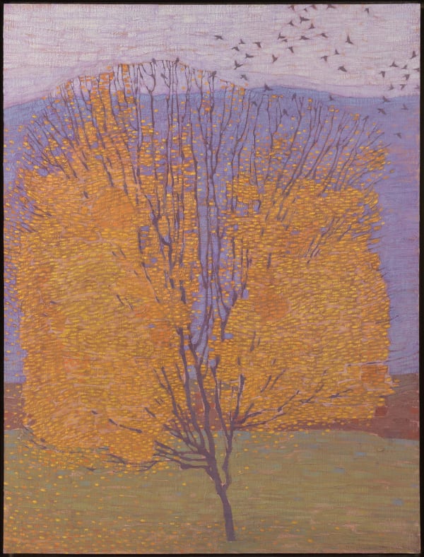 David Grossmann Autumn Birds and Falling Leaves, 2021 Oil on linen on panel 40 x 30ins (102.3 x 76cm) (artwork size) 41.53 x 31.49ins (105.5 x 80cm) (framed size) Signed 'David Grossmann' and dated '2021' on the reverse