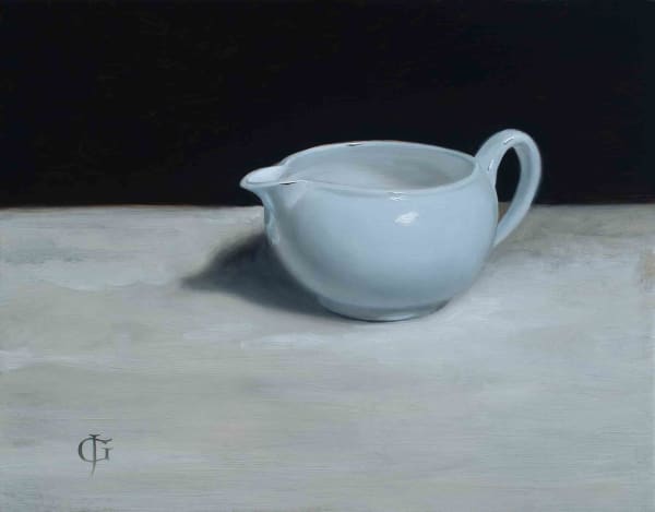 James Gillick Pale Blue Jug Oils on linen over panel 9.49 x 13.19ins (24.1 x 33.5cm) (artwork size) 14.09 x 16.69ins (35.8 x 42.4cm) (framed size) Reprise available on request: £6,800
