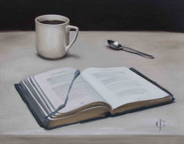 James Gillick Open Book, Coffee & Spoon Oils on linen over panel 9.44 x 12 (24 x 30.5cm) (artwork size) 14.75 x 17.38 (37.5 x 44cm) (framed size) Reprise available on request: £ 10,000 Signed with ''JG' monogram lower right
