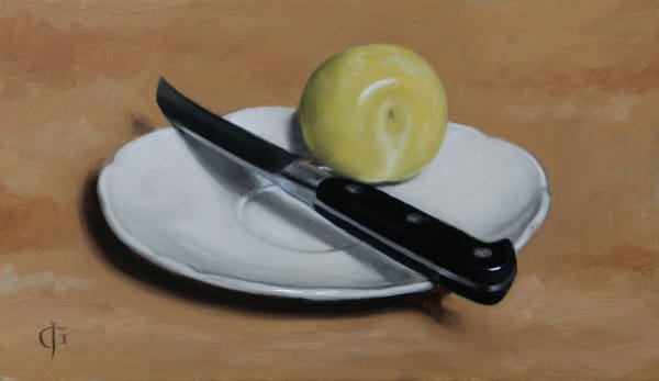 James Gillick, Green Plum on a White Saucer with Knife