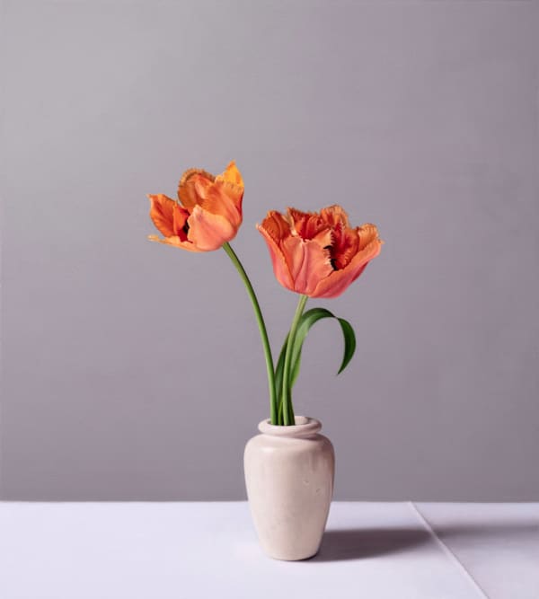 Jo Barrett Still Life with Frilly Tulips and Stoneware Pot Signed JB15/22 Oil on canvas 23.62 x 21.25ins (60 x 54cm) (artwork size)) 25 x 22.63ins (63.5 x 57.5cm) (framed size)
