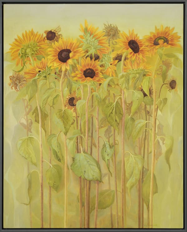 Jane Wormell Amongst the sunflowers oil on linen 40.08 x 32.09ins (101.8 x 81.5cm) (artwork size) 41.34 x 33.27 ins (105 x 84.5cm) (framed size) signed, bottom right, 'J. Wormell 2016'