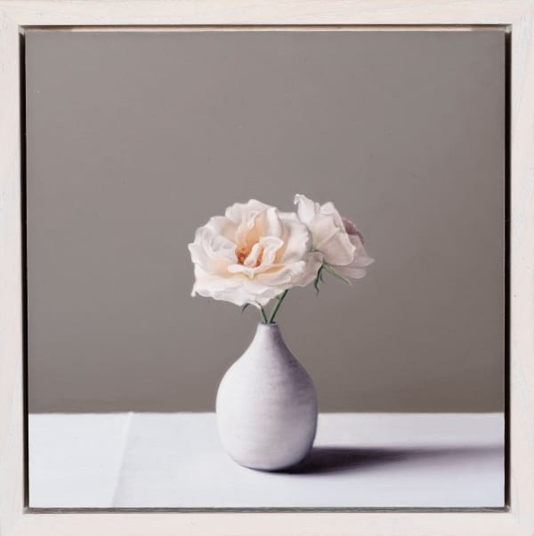 Jo Barrett Still life with Tin Glazed Bottle and Roses, 2022 Oil on canvas 5.98 x 5.98ins (15.2 x 15.2cm) (artwork size) 6.88 x 6.88ins (17.5 x 17.5cm) (framed size)