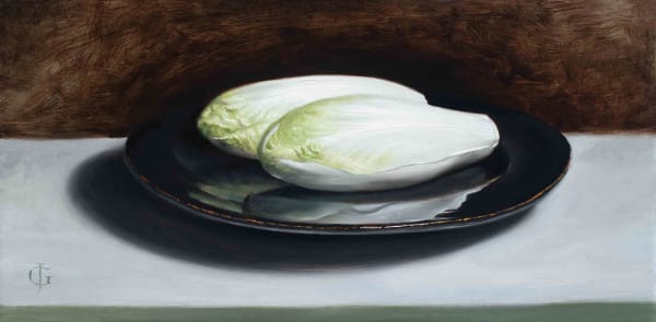 James Gillick Chicory on a Black Plate Oils on linen over panel 9.53 x 19ins (24.2 x 48.2cm) (artwork size) 13.43 x 23.31ins (34.1 x 59.2cm) (framed size) Reprise available on request: £7,600