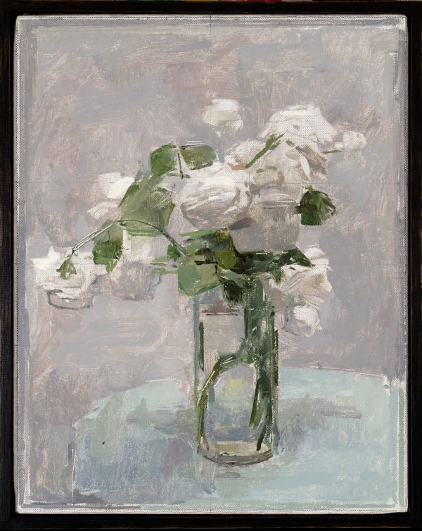Ben Henriques White Roses Oil on canvas 13.97 x 11.02 ins (35.5 x 28cm) (artwork size) 14.96 x 12ins (38 x 30.5cm) (framed size) B. Henriques on the back
