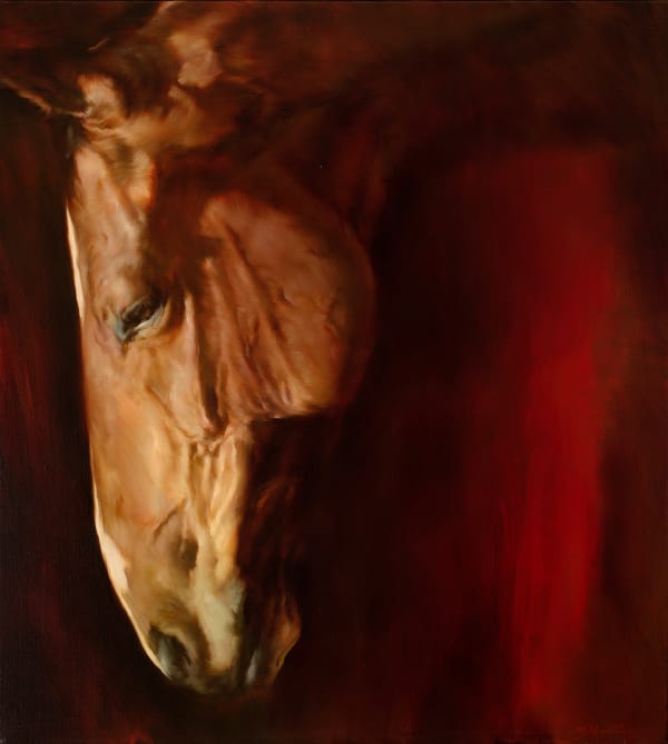 Austin, J, Michael Dark Horse, 2022 Oil on canvas 39.76 x 35.43ins (101 x 90cm) (artwork size) 41.34 x 37.2ins (105 x 94.5cm) (framed size) Signed bottom right