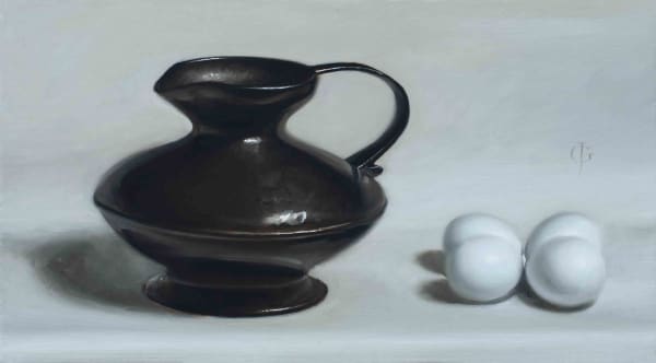 James Gillick Bronze Jug & Pale Blue Eggs, 2021 Oils on linen over panel 8.88 x 15.88ins (22.6 x 40.5cm) (artwork size) 15.5 x 22.25ins (39.5 x 58cm) (framed size) Reprise available on request: £ 11,200 Signed with ''JG' monogram