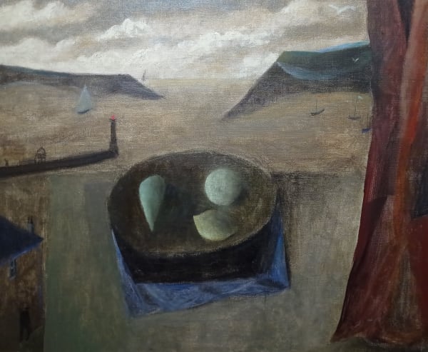 Nicholas Turner Red Curtain, 2022 Oil on linen 19.69 x 23.62ins (50 x 60cm) (artwork size) 25.04 x 28.94ins (63.6 x 73.5cm) (framed size) Nicholas Turner on the back