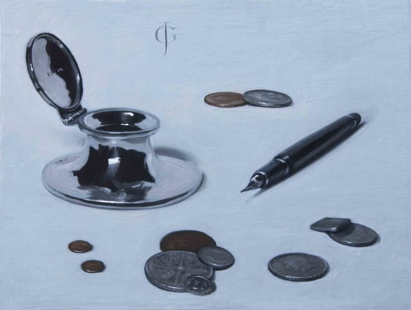 James Gillick Old Money, 2021 Oils on linen over panel 7.25 x 9.56ins (18.4 x 24.2cm) (artwork size) 12.25 x 14.56ins (12.25 x 14.56cm) (framed size) Reprise available on request: £ 7,600 Signed with ''JG' monogram lower left