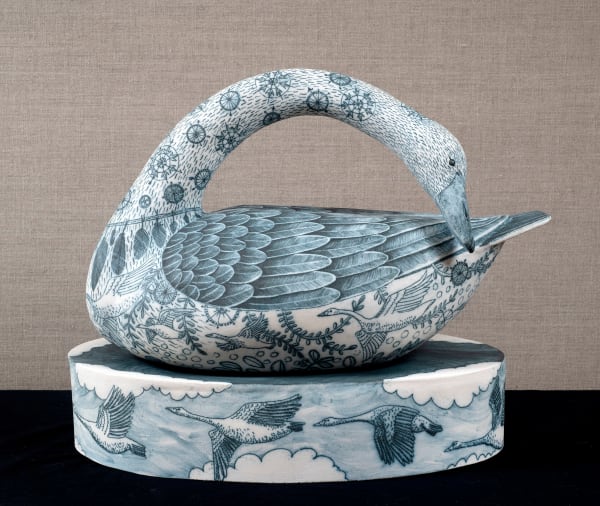Georgina Warne Wintering Swan, 2024 High fired earthenware with cobalt decoration 17.72 x 11.61x 16.14ins (45 x 29.5 x 41 cm) Signed and dated 'Georgina Warne 2024' (underneath the base)