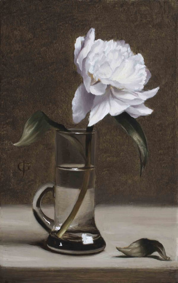 James Gillick Pale Pink Peony in a Cylindrical Vase, 2021 Oils on linen over panel 9.38 x 5.94ins (23.7 x 15cm) (artwork size) 14 x 11ins (35.8 x 28cm) (framed size) Reprise available on request: £7,200 Signed with ''JG' monogram