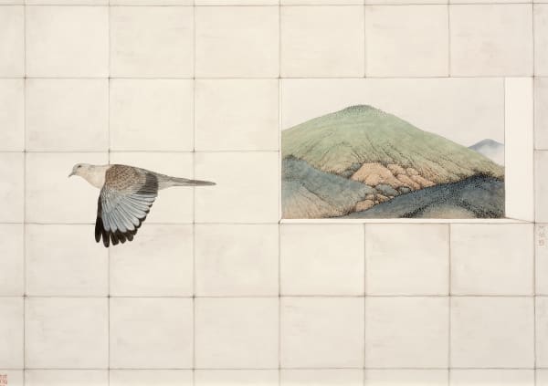 He Xi A Room with a View, 2021 Ink and Chinese pigments on silk 26.57 x 39.37ins (67.5 x 100cm) (artwork size) Signed with seal (on right side)