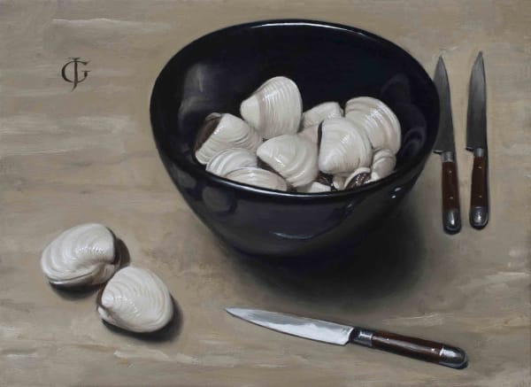 James Gillick Pacific Clams, Black Bowl & Knives, 2021 Oils on linen over panel 8.83 x 11.5ins (21.1 x 29.2cm) (artwork size) 14.5 x 17.5ins (36.7 x 44.5cm) (framed size) Reprise available on request: £10,000 Signed with ''JG' monogram top left