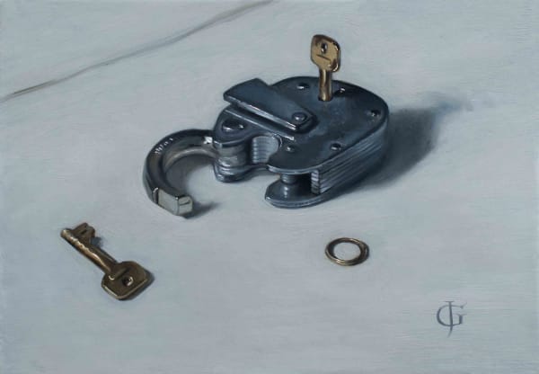 James Gillick Padlock, Unlocked Oil on linen over Panel 7.17 x 10.28ins (18.2 x 26.1cm) (artwork size) 12.24 x 15.35ins (31.1 x 39cm) (framed size) Reprise available on request: £6,000