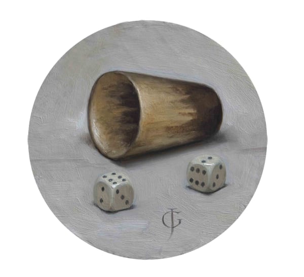 James Gillick Dice and Shaker, 2021 Oils on panel 5ins disc (12,7cm disc) (artwork size) 10 x 10ins (25.4 x 25.4cm) (framed size) Reprise available on request: £2,800 Signed with ''JG' monogram