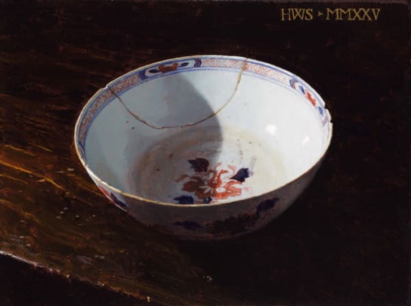 Harry Steen Badly mended Chinese Imari bowl, 2025 Oil on panel 6 x 8 ins (15.2 x 20.3 cm) (artwork size) Signed with initials and dated with Roman numerals 'HWS. MMXXV' (uper right)