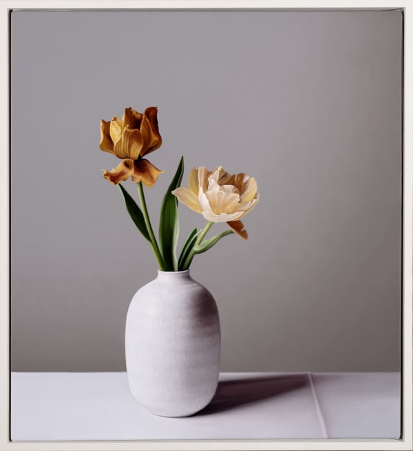 Jo Barrett Still life with Tin Glazed Bottle and Yellow Tulips - From the Fern Verrow Collection, 2021 Oil on Canvas 23.62 x 21.26ins (60 x 54cm) (artwork size) 24.8 x 22.44ins (63 x 57cm) (framed size)