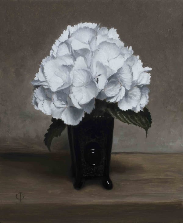 James Gillick White Hydrangea Bloom in a Black Glass Vase, 2021 Oils on linen over panel 12 x 10ins (30.6 x 25.4cm) (artwork size) Reprise available on request: £ 10,000 Signed with ''JG' monogram lower left