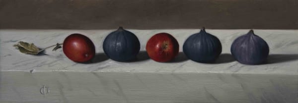 James Gillick Crab Apples & Figs, 2021 Oils on linen over panel 6 x 17.13ins (15.3 x 43.5cm) (artwork size) 10.63 x 22ins (27 x 57.8cm) (framed size) Reprise available on request: £ 9,200 Signed with ''JG' monogram lower left