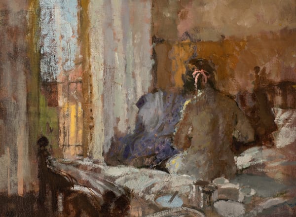 Bernard Dunstan RA After Breakfast, Volterra, 1979 Oil on canvas board 9.84 x 13.11ins (25 x 33.3cm )(artwork size) 13 x 16.34ins (33 x 41.5cm) (framed size)