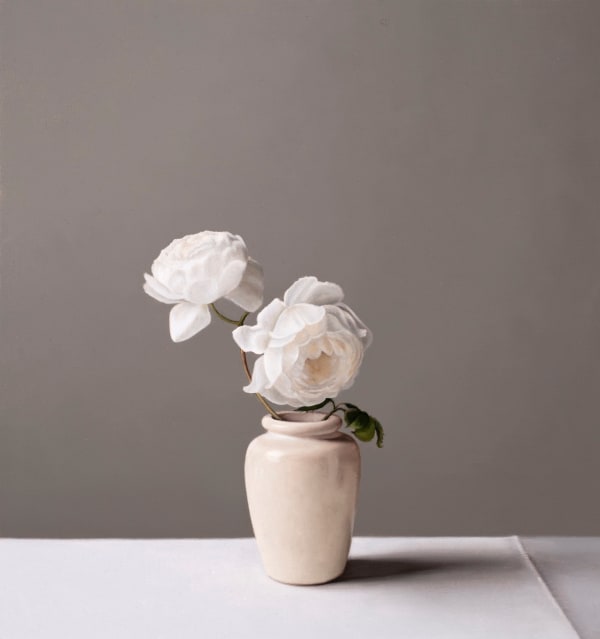 Jo Barrett Still Life with Garden Roses and Stoneware Pot Signed JB26/22 Oil on canvas 17.71 x 16.14ins (45 x 41cm) (artwork size) 18.89 x 18.11ins (48 x 46cm) (framed size)