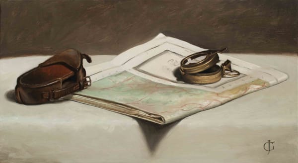 James Gillick Compass & Map Oils on linen over panel 8.86 x 16.02ins (22.5 x 40.7cm) (artwork size) 14.49 x 21.57ins (36.8 x 54.8cm) (framed size) Reprise available on request: £7,600