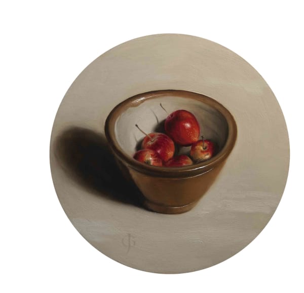 James Gillick Crab Apples in a Pottery Bowl, 2021 Oils on linen over panel 11.38ins disc (29cm disc) (artwork size) 17.25 x 17.25ins (43.8 x 43.8cm) (framed size) Reprise available on request: £ 10,800 Signed with ''JG' monogram lower left