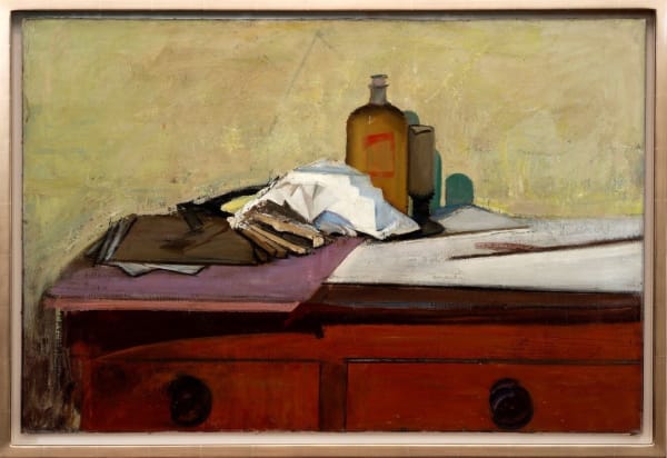 Rodrigo Moynihan RA (1910 - 1990), Still life with books and bottles on a chest, Circa 1950