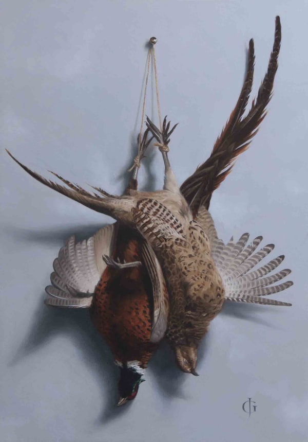 James Gillick Brace of Pheasants Discord, 2021 Oils on linen over panel 40.5 x 28.38ins (102.3 x 72cm) (artwork size) 42.13 x 36.38cm ( 122.2 x 92.5cm) (artwork size) Reprise available on request: £23,000 Signed with ''JG' monogram lower right