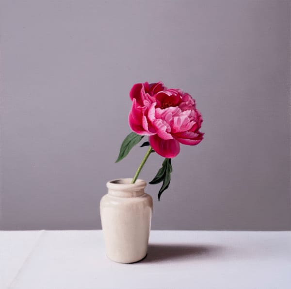 Jo Barrett Still Life with Pink Peony and Stoneware Pot Signed JB18/22 Oil on canvas 11.81 x 11.81ins (30 x 30cm) (artwork size) 12.87 x 12.87ins (32.7 x 32.7cm) (framed size)
