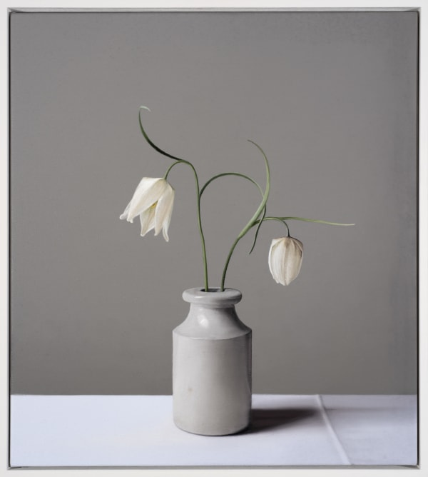 Jo Barrett Still Life with White Fritillaries and Stoneware Bottle- From the Fern Verrow Collection, 2021 Oil on canvas 23.62 x 21.26ins (60 x 54cm) (artwork size) 25 x 22.44ins (63.5 x 57cm) (framed size) Signed and dated on reverse