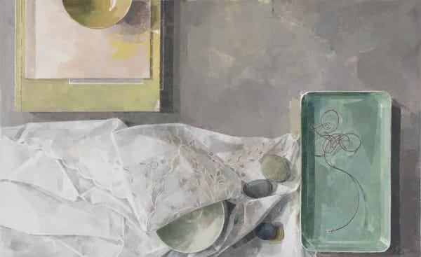 Jeannie Kinsler Little green enamel tray, 2021 Oil on canvas 15.75 x 23.62ins (40 x 60cm) (artwork size) 16.93 x 24.8ins (43 x 63cm) (framed size) Signed 'J Kinsler'